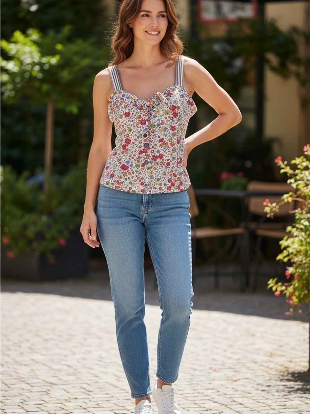 Floral Ruffled Bustier Tank Top - White with Multicolor Floral Sz XS